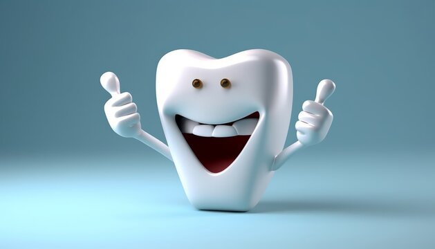 3D realistic happy white tooth , Tooth cartoon characters with thumbs up on bright background , Cleaning and whitening teeth concept