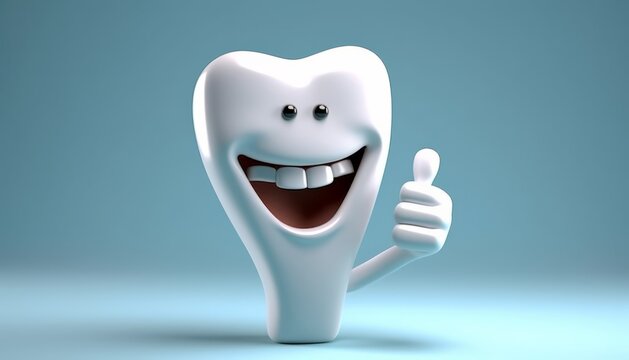 3D realistic happy white tooth , Tooth cartoon characters with thumbs up on bright background , Cleaning and whitening teeth concept