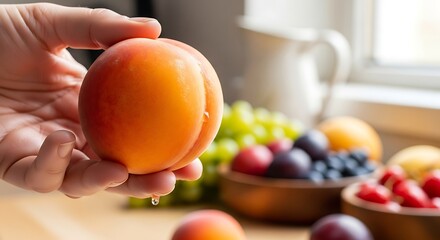 Freshly Washed Hand Holding a Ripe and Juicy Peach, Highlighted Against a Blurry Background of Assorted Fruits in a Kitchen Setting