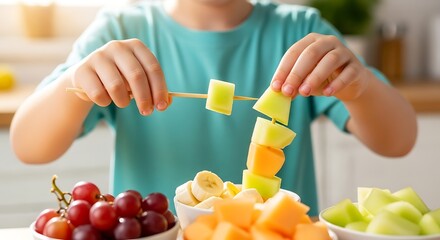 Child's Hands Skillfully Arranging Fresh Melon and Banana Pieces onto Skewers, Promoting Fun and Healthy Eating Activities for Kids