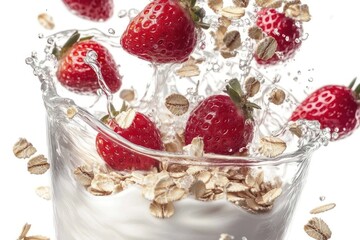 A glass of milk with strawberries and oatmeal floating in it
