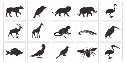 Create a collection of minimalistic black animal silhouettes in a clean, icon-style format. Each silhouette should clearly represent a different animal species — including mammals, birds, reptiles, in