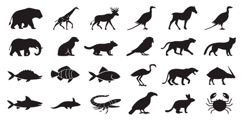 Create a collection of minimalistic black animal silhouettes in a clean, icon-style format. Each silhouette should clearly represent a different animal species — including mammals, birds, reptiles, in
