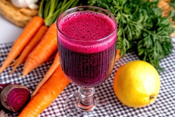 A glass of juice with a carrot and a lemon on a table