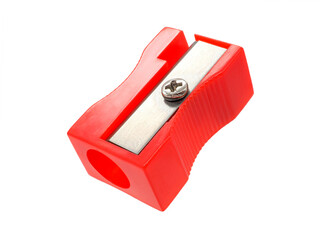 Close up, red pencil sharpener, a tool for sharpening pencils and an essential tool for document work, writing or drawing, isolated on transparent background.