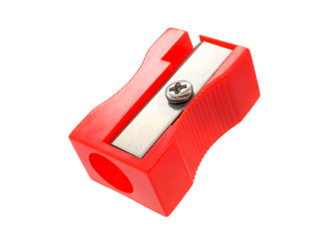 Close up, red pencil sharpener, a tool for sharpening pencils and an essential tool for document work, writing or drawing, isolated on transparent background.
