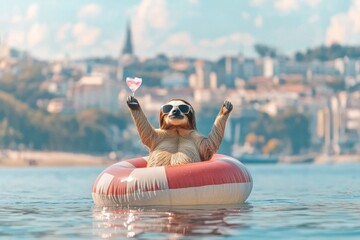 A sloth is in a red and white inflatable raft on a body of water