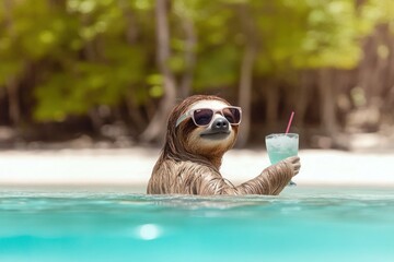 A sloth is in the water with a straw in a glass