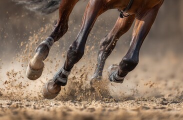 A horse is running through the dirt, kicking up dust