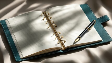 Open planner with a pen resting on pages in soft sunlight showing process of planning and organization