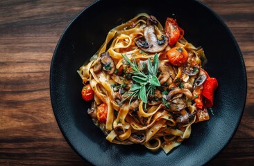 A plate of spaghetti with mushrooms and tomatoes