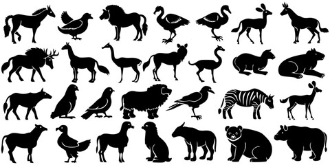 Create a collection of minimalistic black animal silhouettes in a clean, icon-style format. Each silhouette should clearly represent a different animal species — including mammals, birds, reptiles, in