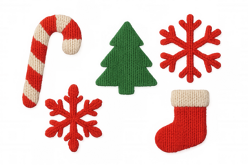 Knitted christmas elements like a candy cane, tree, snowflakes, and a stocking creating festive holiday decor. Transparent background