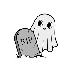 Obraz premium A cute, cartoon ghost peeking from behind a tombstone with RIP inscribed