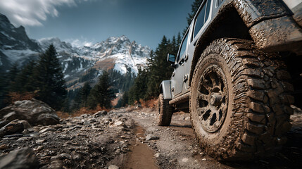 Closeup lowangle of muddy offroad tires gripping rugged rocky trail with snowy mountain peaks in the background and natural outdoor lighting with space for text