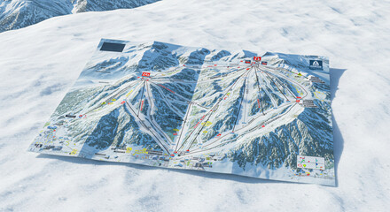 Ski resort map displayed on snowy terrain in winter landscape  