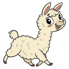 Cute cartoon llama with fluffy wool walking happily with a big smile and rosy cheeks