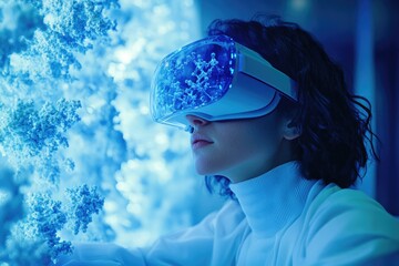 Person wearing a VR headset, immersed in a glowing blue molecular environment, visualizing complex scientific data, bridging technology and research.