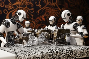 Robots sewing intricate fabric patterns in a modern workshop environment