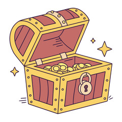 Open treasure chest overflowing with golden coins and sparkling stars on a white background