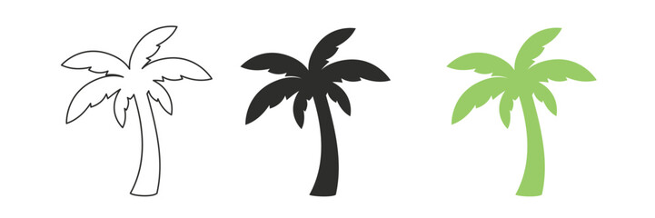 Vector set of three palm trees in different styles: line art, black silhouette, and green silhouette. Perfect for tropical, summer, and vacation-themed designs.
