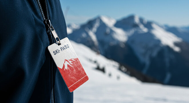 Close-up of ski pass attached to jacket in snowy mountain resort  