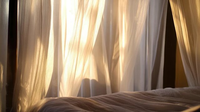 A cozy bedroom scene with a white comforter and matching curtains