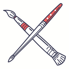Two crossed art paintbrushes with red accents and stars on white background