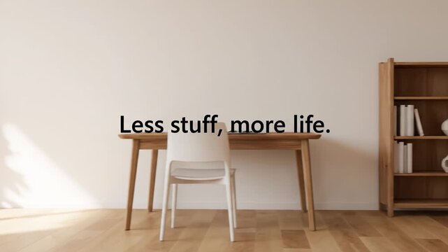 Minimalist workspace showcases wooden desk and white chair, embodying simplicity and functionality. Emphasizing decluttered interior design with natural elements for serene atmosphere