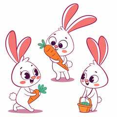 Three adorable cartoon white bunnies with pink ears happily interacting with carrots and a basket of eggs
