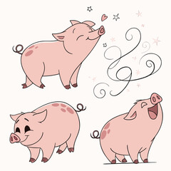 Three adorable pink cartoon pigs expressing joy and sending love with stars and swirls