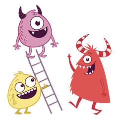 Three happy cartoon monsters with different colors and horns interacting with a ladder on a white background