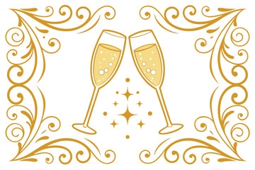 Elegant golden new year greeting card with champagne glasses festive celebration