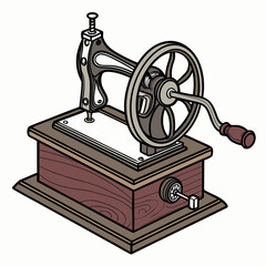 Vintage hand crank sewing machine with a wooden base and intricate metal details isolated on white background