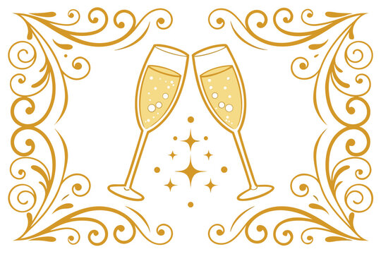 Elegant golden new year greeting card with champagne glasses festive celebration