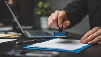 Legal document approved with official stamp for business deal, ensuring compliance and validity in corporate world with office desk and laptop