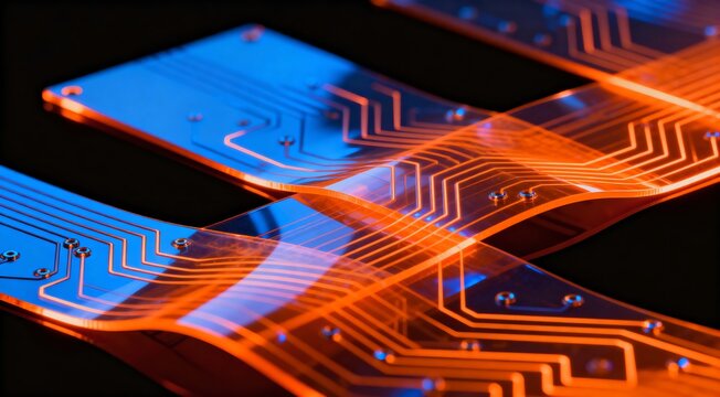 Intricate orange conductive pathways on a flexible printed circuit board representing modern technology and data flow