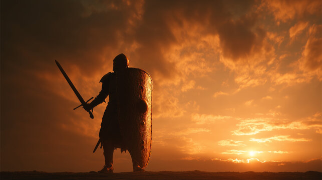 Warrior knight ready for battle with sword and shield at fiery sunset