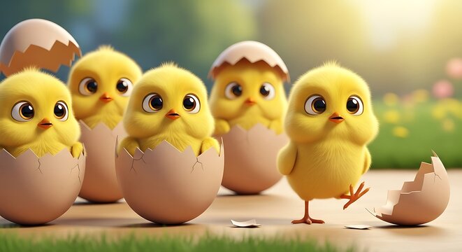 Adorable Group of Cute Yellow Baby Chicks Hatching from Eggs.