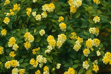 Obraz premium Vibrant yellow and white flowers bloom amidst lush green foliage.