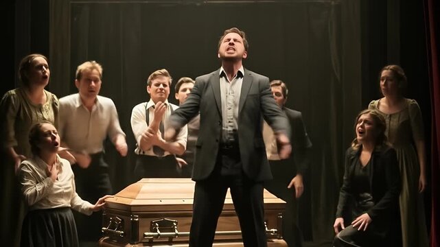 Dramatic Funeral Scene with Mourners and a Casket on Stage.