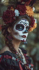 Woman with calavera face paint and floral headdress celebrates Dia de los Muertos