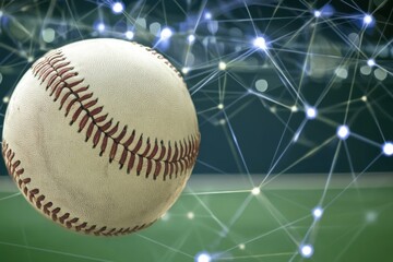 Baseball flying through a digital network in a futuristic sports setting during daylight