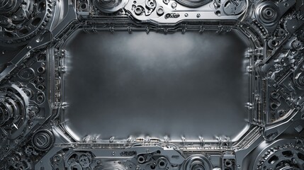 Metal frame surrounds a gray center with mechanical, robotic, industrial details