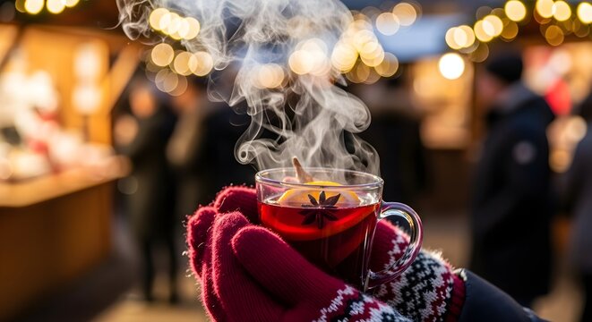 4k image of hands in red gloves holding steaming mulled wine with star anise, showcasing shallow depth of field and bokeh lights in an atmospheric Christmas market scene.