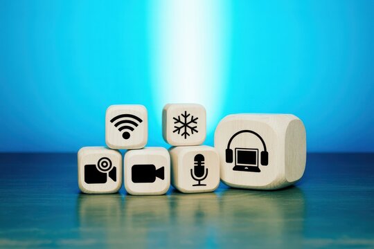 A conceptual representation of smart home automation and digital services, featuring technology icons for connectivity, entertainment, and climate control on cubes - Powered by Adobe