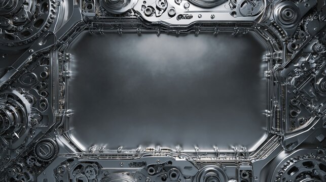 Metal frame surrounds a gray center with mechanical, robotic, industrial details - Powered by Adobe