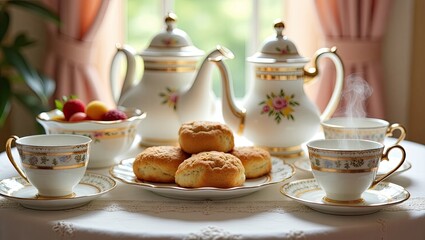 Fototapeta premium Elegant high tea service with fine china. 