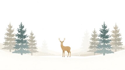 Minimalist Christmas artwork of a deer standing in a snow-covered forest, clean white background with subtle snowy textures, simple pine tree silhouettes