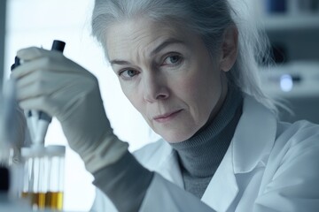A focused, serious female scientist in a lab coat and gloves meticulously pipetting a liquid sample in a research laboratory.